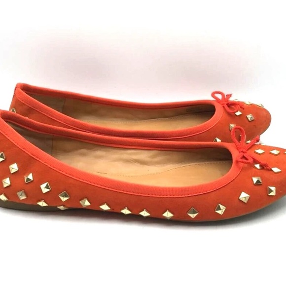 Womens 6 J. Crew Ballet Flats Shoes Orange Suede Slip On Studded Round Toe Bow - Picture 2 of 5